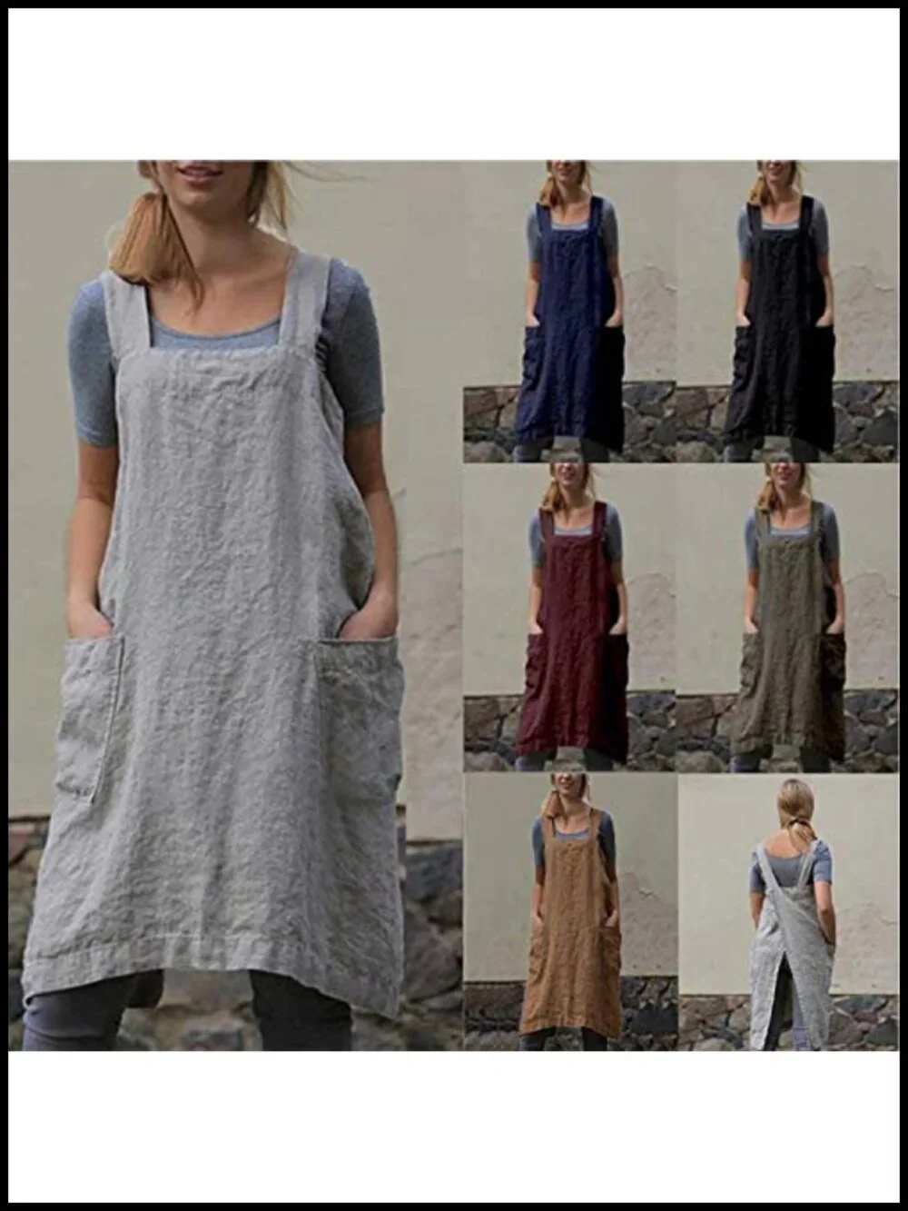 Women's Cotton Linen Cross Back Pinafore Apron with Pockets